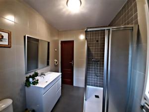 a bathroom with a shower and a sink and a toilet at Vila do Río in Dumbría