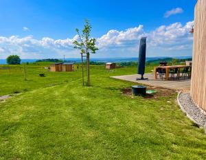 a garden with a table and a tree in the grass at Panorama Kořenec in Kořenec