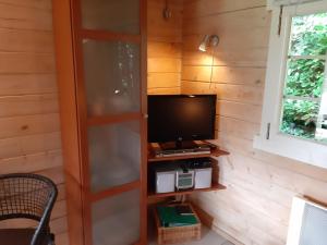 Habitación con TV y estante con TV. en kievit, en Appelscha