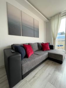 salon z szarą kanapą i czerwonymi poduszkami w obiekcie Aleje Jerozolimskie 11 19 - Darmowy parking - free parking - 1km do Dworca Centralnego, 850m stacja metra Nowy Świat w Warszawie