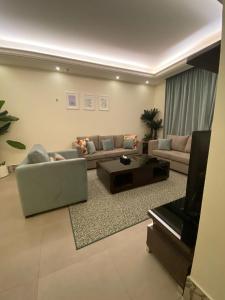 حلم الأرجان في الرياض: غرفة معيشة بها كنبتين وتلفزيون