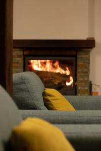 a gray couch with a fire in a fireplace at Maison de l'Amour in Brebu Nou
