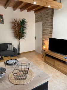salon z kanapą i telewizorem w obiekcie Maison de ville a 5 min à pied de la tour Luma w mieście Arles