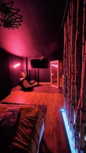 um quarto com uma cama num quarto com luzes cor-de-rosa em Le Cocon du Domaine des Ecus d'Or em Montceau-et-Écharnant