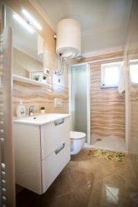 La salle de bains est pourvue d'un lavabo, de toilettes et d'une douche. dans l'établissement Apartments Nina, à Rovinj