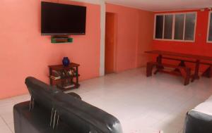 a living room with a couch and a flat screen tv at Twin Fin Plaza in Bocas del Toro