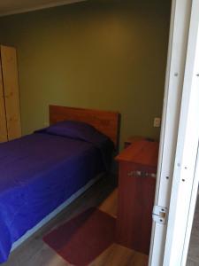 a bedroom with a blue bed and a wooden cabinet at Alojamientos JV HABITACIONES in Nogales
