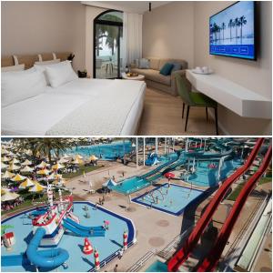 a hotel room with a view of a water park at Gai Beach Hotel in Tiberias