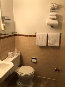 a bathroom with a toilet and a sink and towels at Four Winds Motel in Depoe Bay