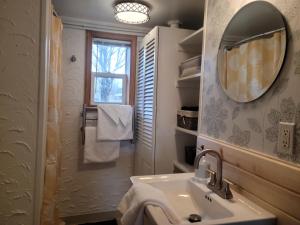 baño con lavabo, espejo y ventana en Cozy Quonset Hut On Maple Lake, en Paw Paw