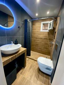 a bathroom with a sink and a toilet and a mirror at Mediterranean Escape in Flogita