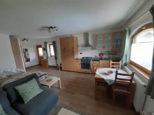 薩帕達的住宿－Appartamenti Soravia，带沙发和桌子的客厅以及厨房。