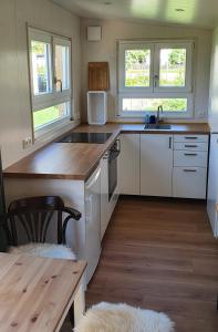 eine Küche mit weißen Schränken, einem Waschbecken und 2 Fenstern in der Unterkunft Haus mit stilvoller Ferienwohnung und Tiny House nahe Ammersee für 2-6 Personen in Geltendorf