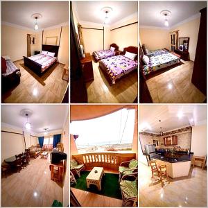 a collage of four pictures of a hotel room at شقة بأطلالة علي الشاطئ in Alexandria