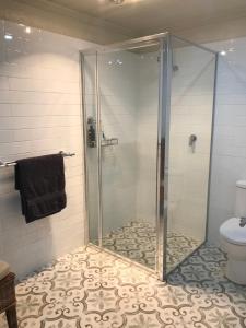 a bathroom with a glass shower with a toilet at Silwood Apartment fully self contained with Kitchen and Laundry in Devonport