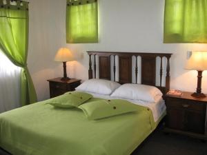 a green bed with two tables and two lamps at Hotel Los Frayles in Villa de Leyva
