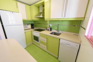 uma cozinha com armários verde lima e um lavatório em Apartamentos Nuevo México C 431 em Calpe