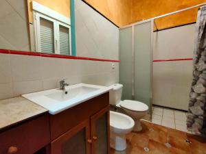een badkamer met een wastafel, een toilet en een spiegel bij Casa el Susurro in Villamediana de Iregua