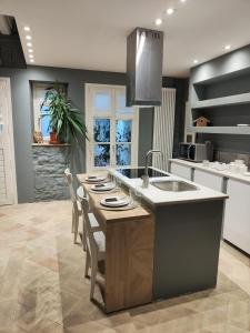 una cocina con una isla con fregadero y mesa en medium miramare appartamento sogno sul mare, en Trieste