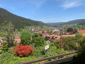 een uitzicht op een stad met een vogel in een tuin bij Appartement mit herrlicher Aussicht übers Murgtal in Baiersbronn