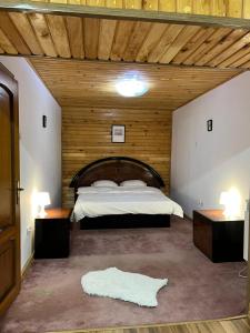 a bedroom with a large bed and wooden ceilings at BSG Villa - Sinaia in Sinaia