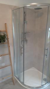 uma cabina de duche em vidro numa casa de banho com uma escada em Nina Sea View em Novi Vinodolski