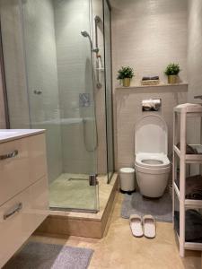 La salle de bains est pourvue de toilettes et d'une douche en verre. dans l'établissement Appartement Anfa Park casa finance City CFC, à Casablanca