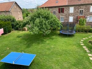 a yard with a blue trampoline in the grass at studio 2 personnes in Luxeuil-les-Bains