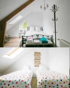 two pictures of a bedroom with a bed and a table at Les rayonnantes in La Roche-Maurice