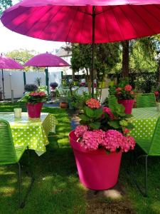 una sombrilla rosa y algunas mesas, sillas y flores en Schifferkrug Hotel & Weinstube, en Celle