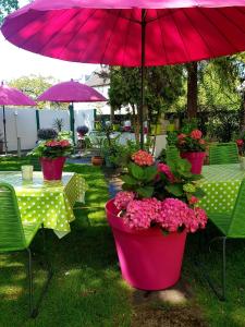 einen rosa Regenschirm und einige Tische, Stühle und Blumen in der Unterkunft Schifferkrug Hotel & Weinstube in Celle