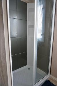 y baño con ducha y puerta de cristal. en Silver Birch Retreat - Percy Woods Country Retreat With 18 HOLE FREE GOLF, en Alnwick