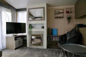 a living room with a tv and a fireplace at Silver Birch Retreat - Percy Woods Country Retreat With 18 HOLE FREE GOLF in Alnwick