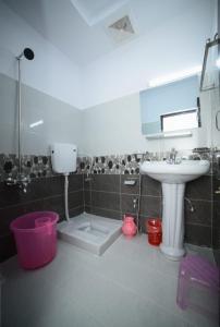 ein Badezimmer mit einem Waschbecken, einem WC und einem Waschbecken in der Unterkunft Royal Blue inn Hotel in Islamabad