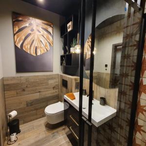 a bathroom with a toilet and a sink and a mirror at Apartamenty Kąpielowa Złoty in Ełk