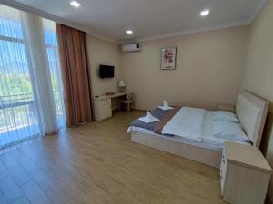 una camera da letto con un letto, una scrivania e una televisione di Hotel Botanica a Chakvi