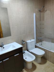 a bathroom with a toilet and a sink and a shower at BALERMA PLAYA. Calle Santa elena in El Ejido +15 photos