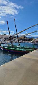 a green boat is docked at a dock at Appartement 63 m2, tout confort, climatisé. in Saint-Cyprien