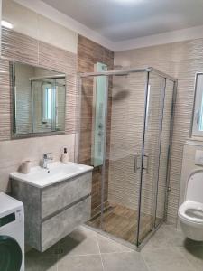 a bathroom with a shower and a sink and a toilet at New, modern, luxury apartment Ivan with jacuzzi in Drinovci