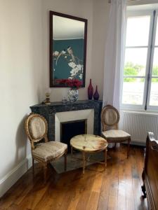 a living room with a fireplace and two chairs and a mirror at Maison de l'Aumance in Meaulne