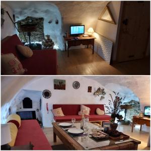 ein Wohnzimmer mit einem Sofa und ein Zimmer mit einem Iglu in der Unterkunft Studio atypique rue de Turin (ancienne étable de village) in Breil-sur-Roya