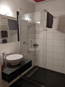 a bathroom with a sink and a shower at Hotel & Restaurant Brühler Hof in Wintrich