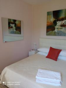 sypialnia z białym łóżkiem i czerwoną poduszką w obiekcie casa del sole Ossuccio w Como
