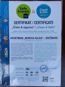 Um certificado, prémio, placa ou documento mostrado em Apartmani Borova Iglica Divčibare