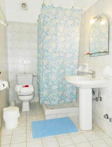 uma casa de banho com um WC, um lavatório e um chuveiro em ARISTON APARTMENTS em Póros