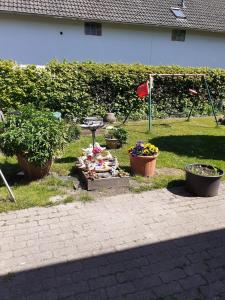 a garden with pots of flowers and a table at Apartment 3 nähe Barmestedt - Elmshorn in Bokholt-Hanredder