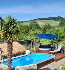 a swimming pool with an umbrella and a chair and a table at Haus Steffi in Müllheim