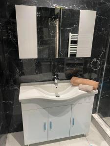 La salle de bains est pourvue d'un lavabo blanc et d'un miroir. dans l'établissement luxury apartment 11' from Athens center, à Athènes