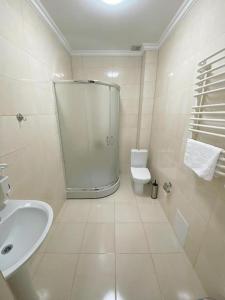 a bathroom with a toilet, sink, and shower stall at Hotel Koral in Chernivtsi