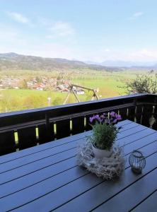 a table with flowers on top of a balcony at Hölbinger Alm - Apartments in Anger
